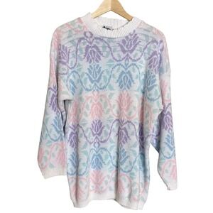 Vintage‎ Pastel Sweater Floral Knit 80s Grandma Core Oversized Size 18 Women's
